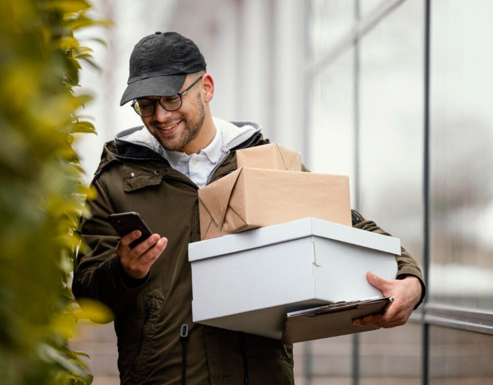 Apps de frete: como funcionam, benefícios e os principais homem fechando entrega de app de fretes