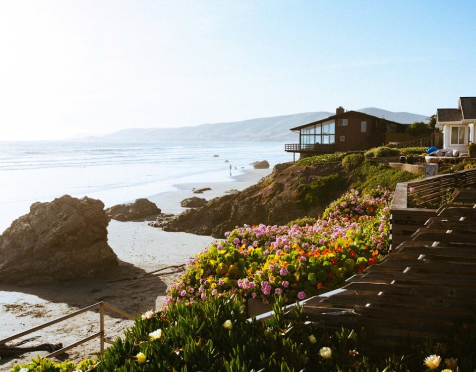 5 apps para gerenciar sua propriedade à beira-mar Idyllic Morro Bay coastline with flowers, beach, and houses in sunlight.