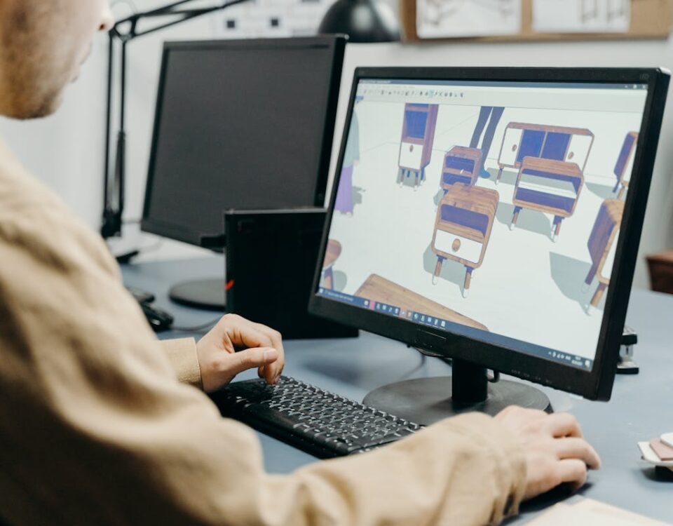 5 aplicativos para planejar ambientes com móveis de luxo A product designer using a computer for 3D furniture modeling in an office setting.