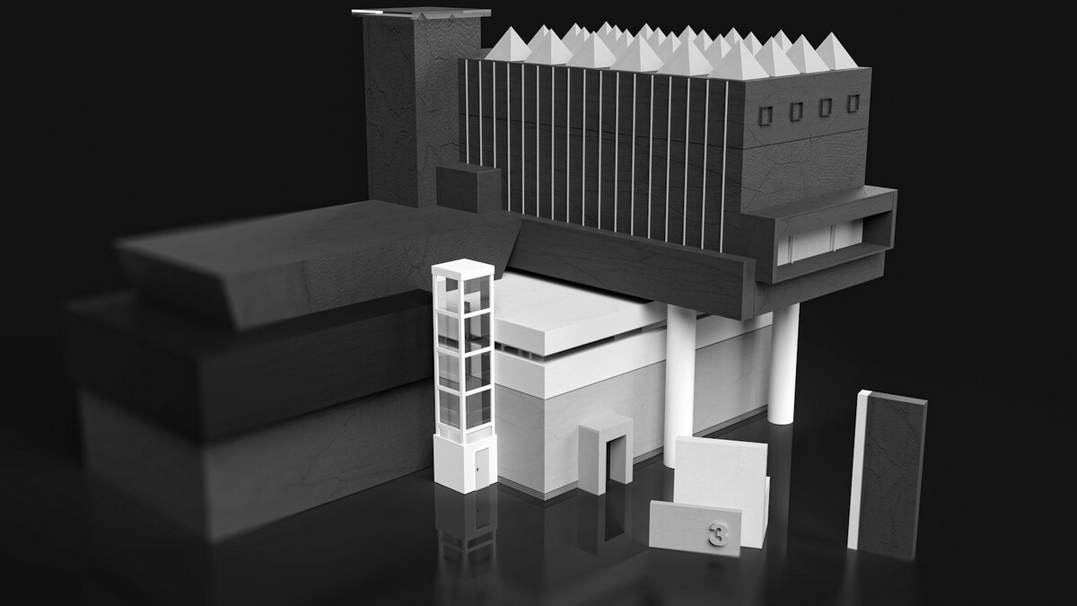 Maquete digital de edifício em tons de cinza sobre fundo escuro