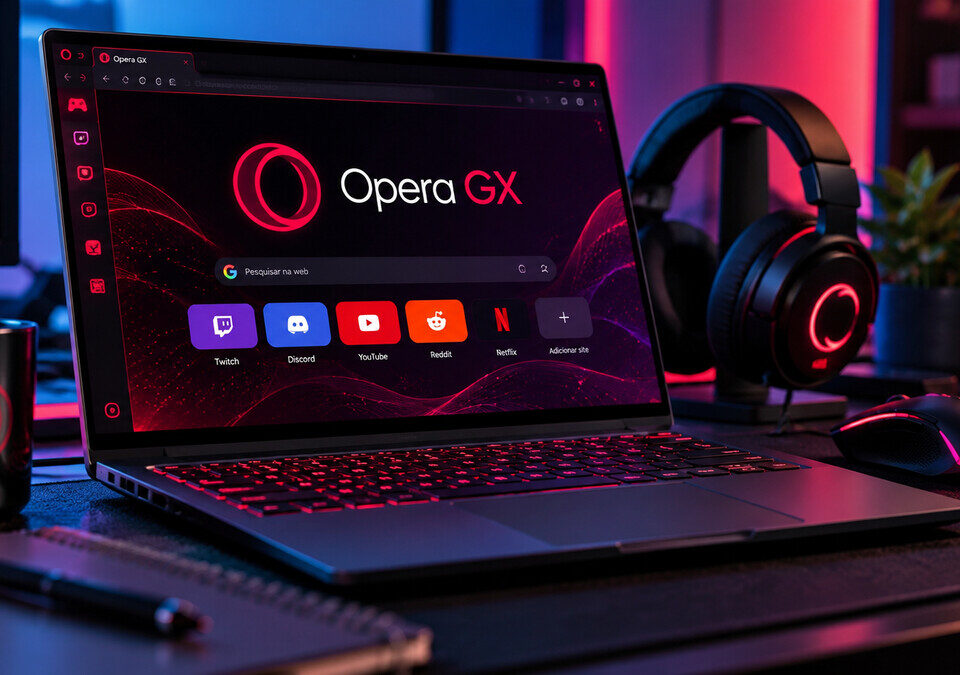 Notebook com fones e equipamentos de áudio sobre mesa